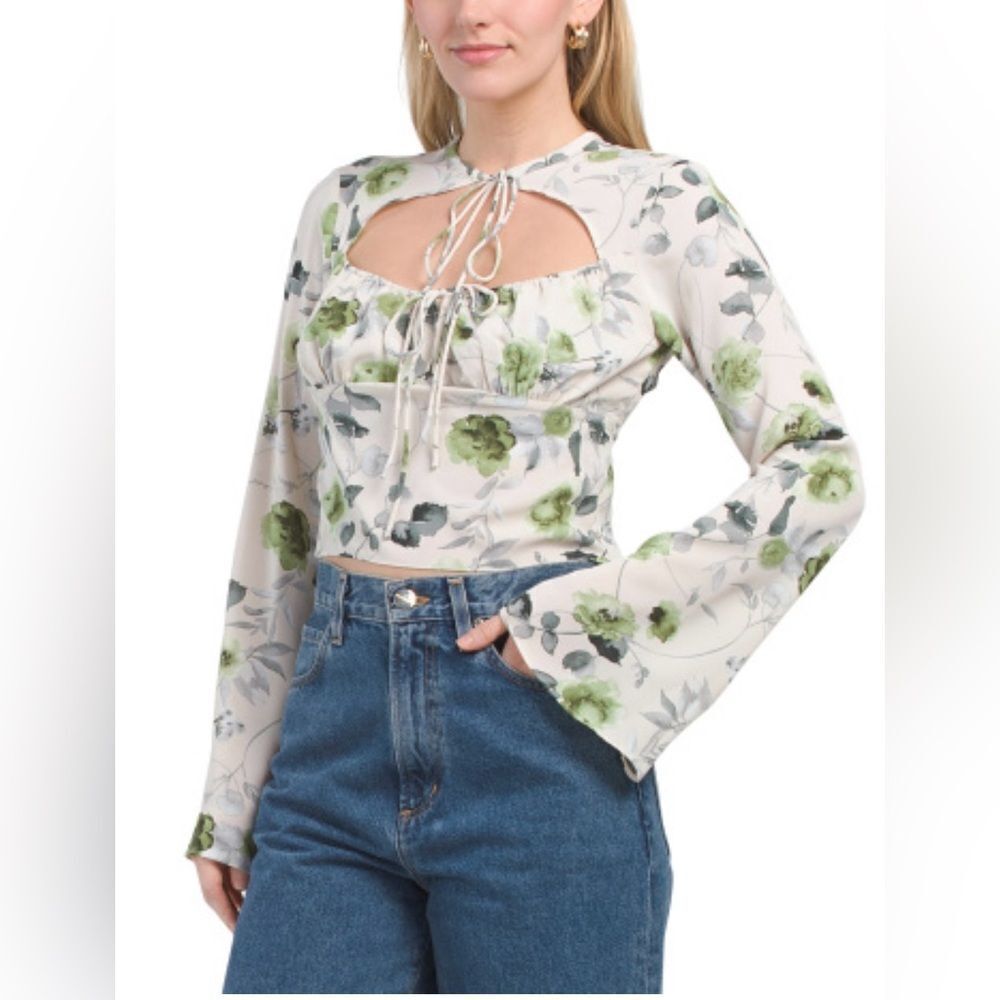 Emory Park Floral Print Long Sleeve Top with Peek A Boo neck tie Color: Sage